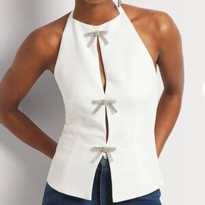 Zara White Peekaboo Cutout Halter With Crystal Bow Embellishment Size XL